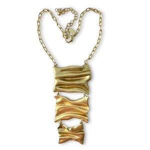 Chico’s Matte Goldtone Sculptural Wave Ripple Pendant Chain Statement Necklace